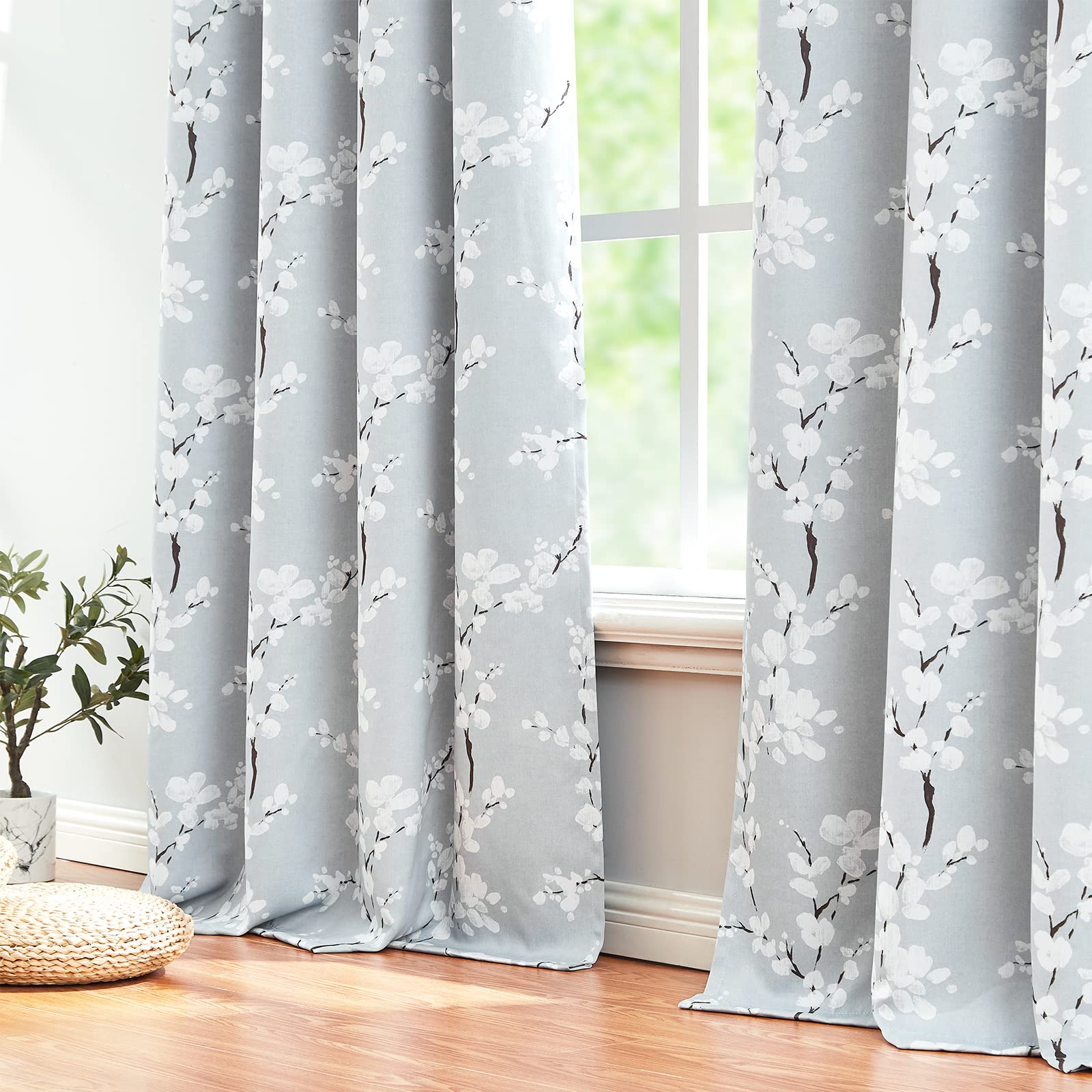 Fmfunctex Grey Floral Blackout Curtains for Bedroom 72 inch Drop Eyelet Curtains for Living Room Nursary Blossom Thermal Insulated Window Curtain