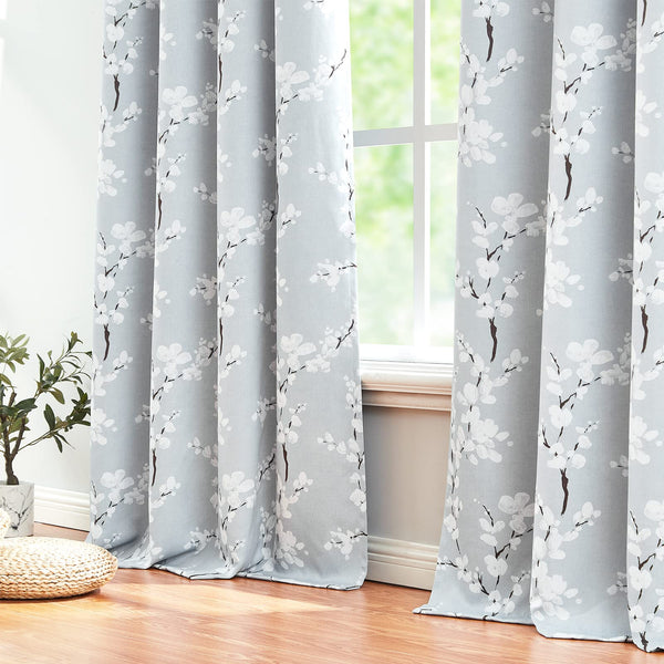 Fmfunctex Grey Floral Blackout Curtains for Bedroom 72 inch Drop Eyelet Curtains for Living Room Nursary Blossom Thermal Insulated Window Curtain