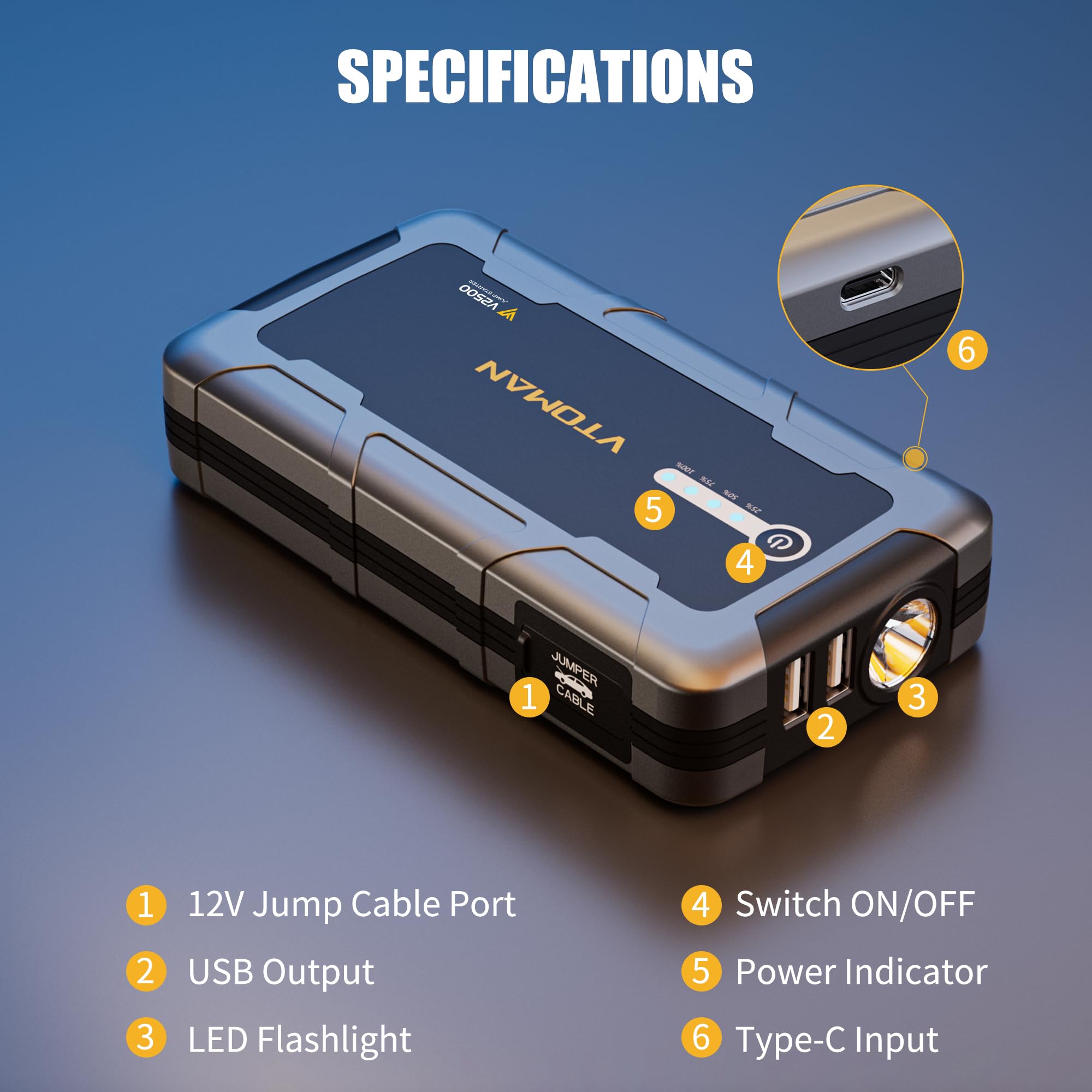 VTOMAN V2500 2500A Jump Starter Power Pack - Portable 12V Car Battery Booster Jump Starter with Jump Leads(Up to 8.0L Gas or 6.0L Diesel Engine), LED Flashlight, Quick Charge, 15V DC Port