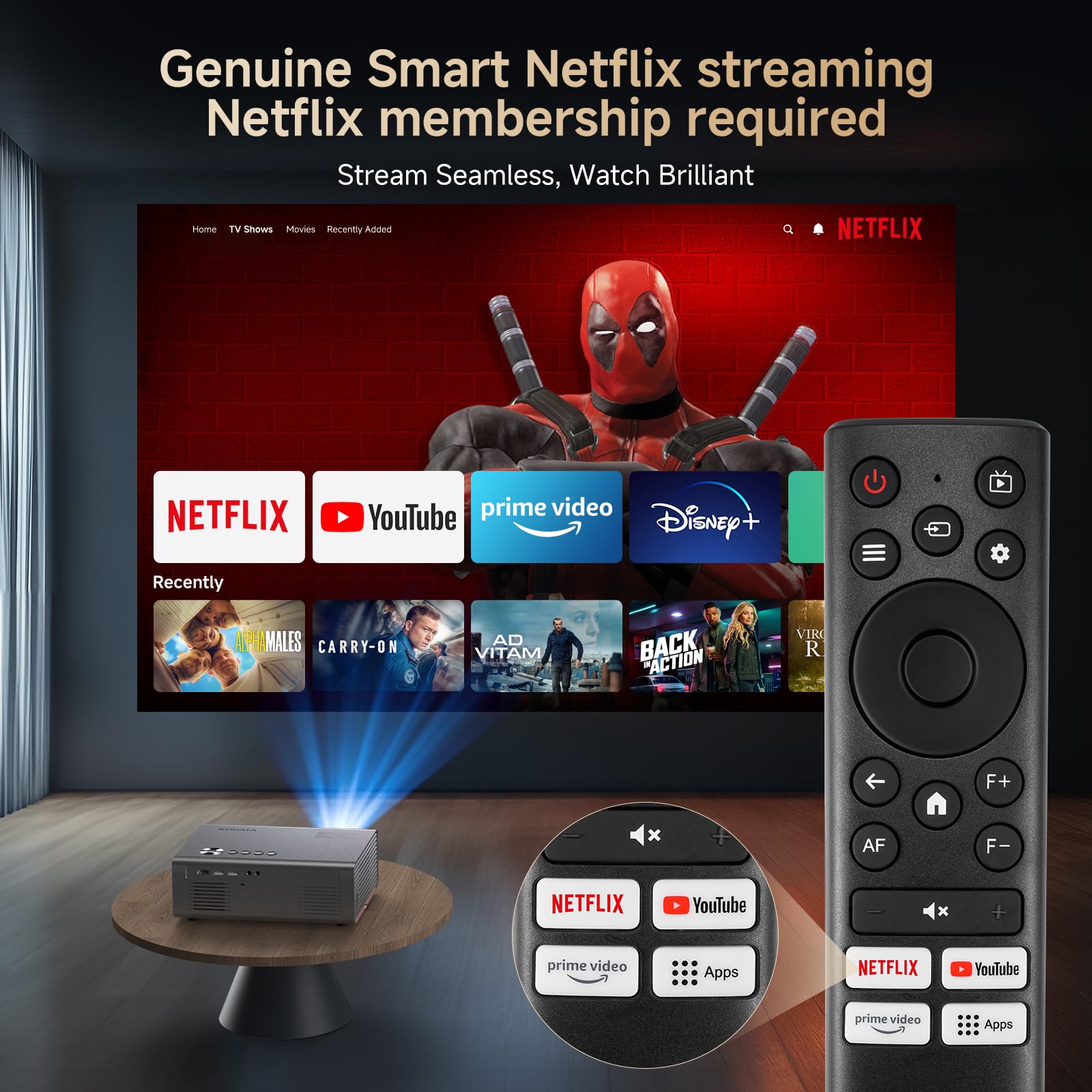 4K Smart Projector for Bedroom with Netflix Smart OS & HDR10 | KOGATA AI Auto Focus, 6D Keystone, WiFi 6 & Bluetooth 5.3 | Outdoor & Indoor Home Cinema Projectors