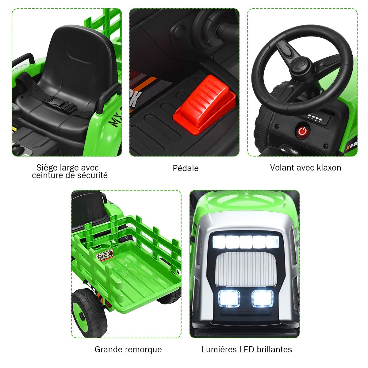 COSTWAY Ride on Tractor and Trailer, 12V Battery Powered Electric Kids Toy Car with Remote Control, LED Lights, USB & Bluetooth Music, Four Wheels Ride on Toys for Children Ages 3+(Dark Green)