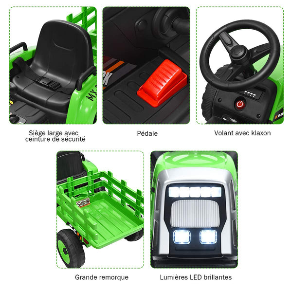 COSTWAY Ride on Tractor and Trailer, 12V Battery Powered Electric Kids Toy Car with Remote Control, LED Lights, USB & Bluetooth Music, Four Wheels Ride on Toys for Children Ages 3+(Dark Green)
