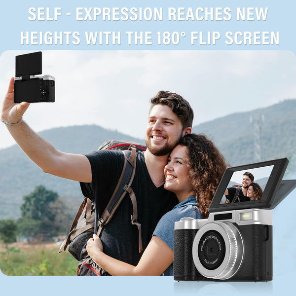 Digital Camera,4K 64MP Cameras for Photography with Beauty Light 180°flip Screen Compact Vlogging photo Camera, 18 Digital Zoom, Adjustable Flashlight