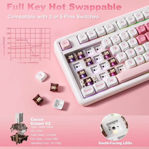 YUNZII B87 Wireless Mechanical Keyboard,QMK/VIA Software Custom Gaming,Gasket RGB Keyboard with Cute MOA Keycaps,Wrist Rest,BT5.0/2.4G/USB-C NKRO for Win/Mac (butter, milk v2 linear)