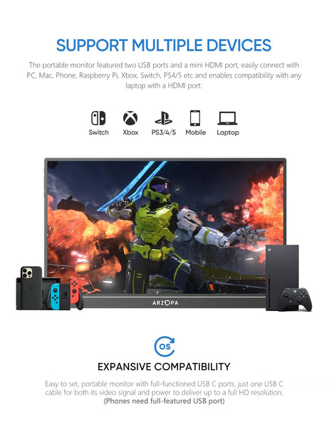 ARZOPA 16.1'' 144Hz Portable Monitor with Storage Bag, 100% sRGB 1920×1080P FHD HDR 144HZ Gaming Monitor, Ultra Slim - Eye Protection-External Second Screen for Laptop/PC/Mac/PS3/4/5/Xbox - Z1FC（Grey）