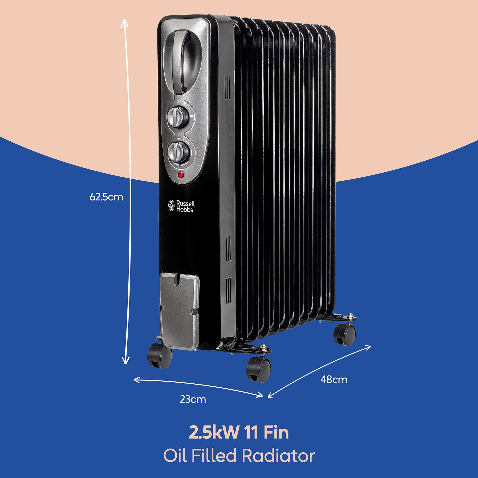 Russell Hobbs 1500W/1.5KW Oil Filled Radiator, 7 Fin Portable Electric Heater - White, Adjustable Thermostat with 3 Heat Settings, Safety Cut-off, 15 m sq Room Size, RHOFR5001, 2 Year Guarantee