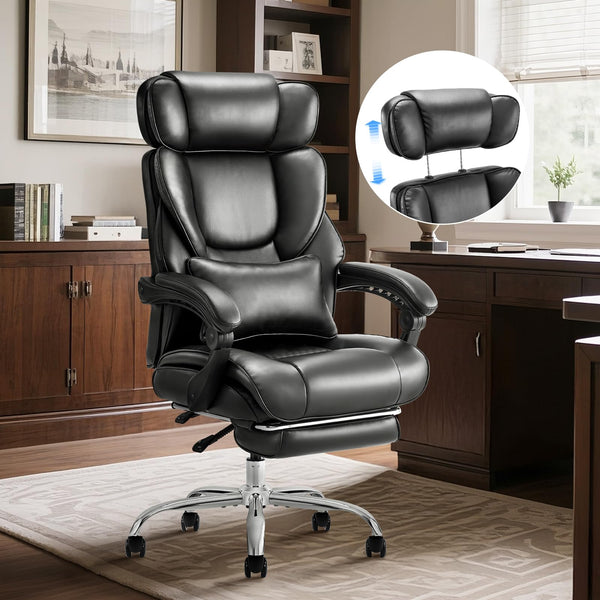 COLAMY Executive Office Chair with Footrest - Ergonomic High Back Design, Thick Bonded Leather Computer Chair with Removable Lumbar Pillow, Recliner Desk chair for Home Office Work Comfort (Black)