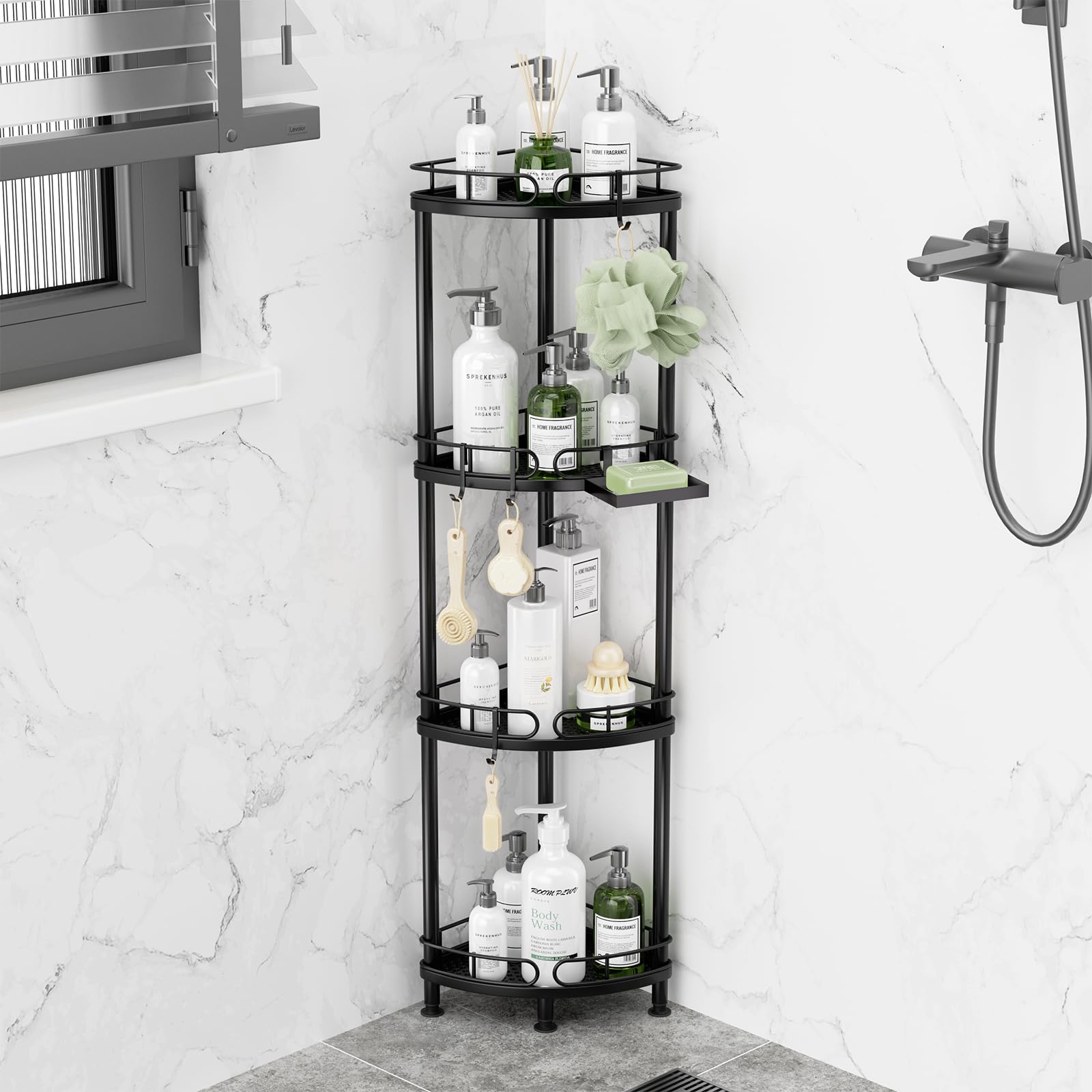 SWTYMIKI Corner Shower Caddy Standing - 4 Tier Stainless Steel Shower Organizer Stand with 4 Hooks & Soap Holder, Rustproof Metal Standing Tall Floor