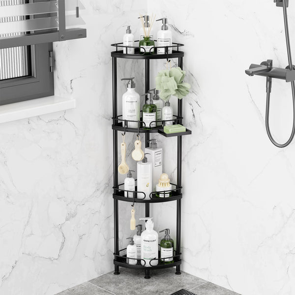 SWTYMIKI Corner Shower Caddy Standing - 4 Tier Stainless Steel Shower Organizer Stand with 4 Hooks & Soap Holder, Rustproof Metal Standing Tall Floor