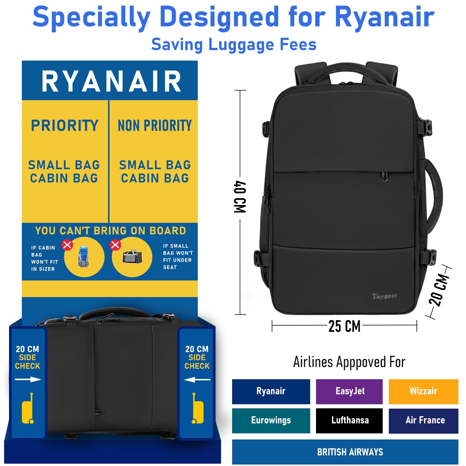 Taygeer Easyjet Cabin Bag 45x36x20 Underseat, Travel Backpack Women, Carry On Backpacks for Airplane, Luggage Rucksack for Plane, Hand Luggage Bag, Laptop Rucksack with Separate Shoe Pouch, Pink