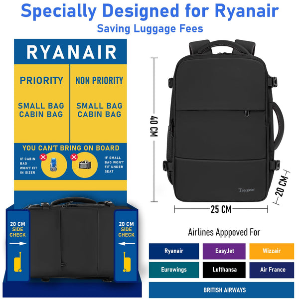 Taygeer Easyjet Cabin Bag 45x36x20 Underseat, Travel Backpack Women, Carry On Backpacks for Airplane, Luggage Rucksack for Plane, Hand Luggage Bag, Laptop Rucksack with Separate Shoe Pouch, Pink