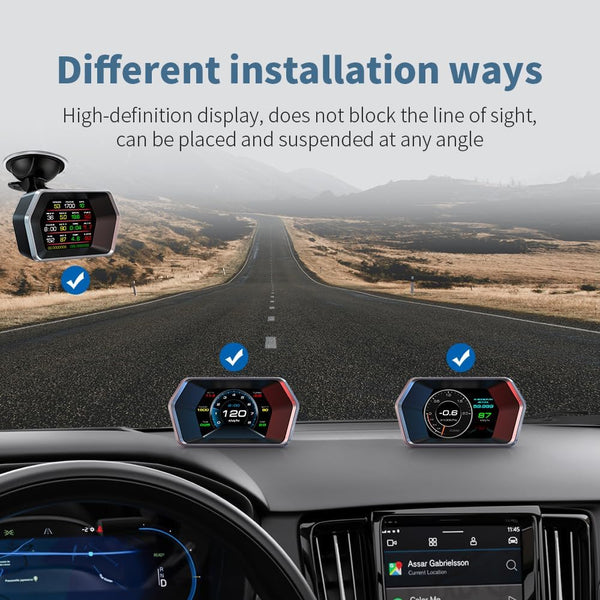 AMHVMU P17 HUD car heads up display,digital speedometer car mph,OBD2 plus GPS Dual System,Heads up Display Car,Water Temperature Gauge,Tachometer,Suitable for all Vehicle Models