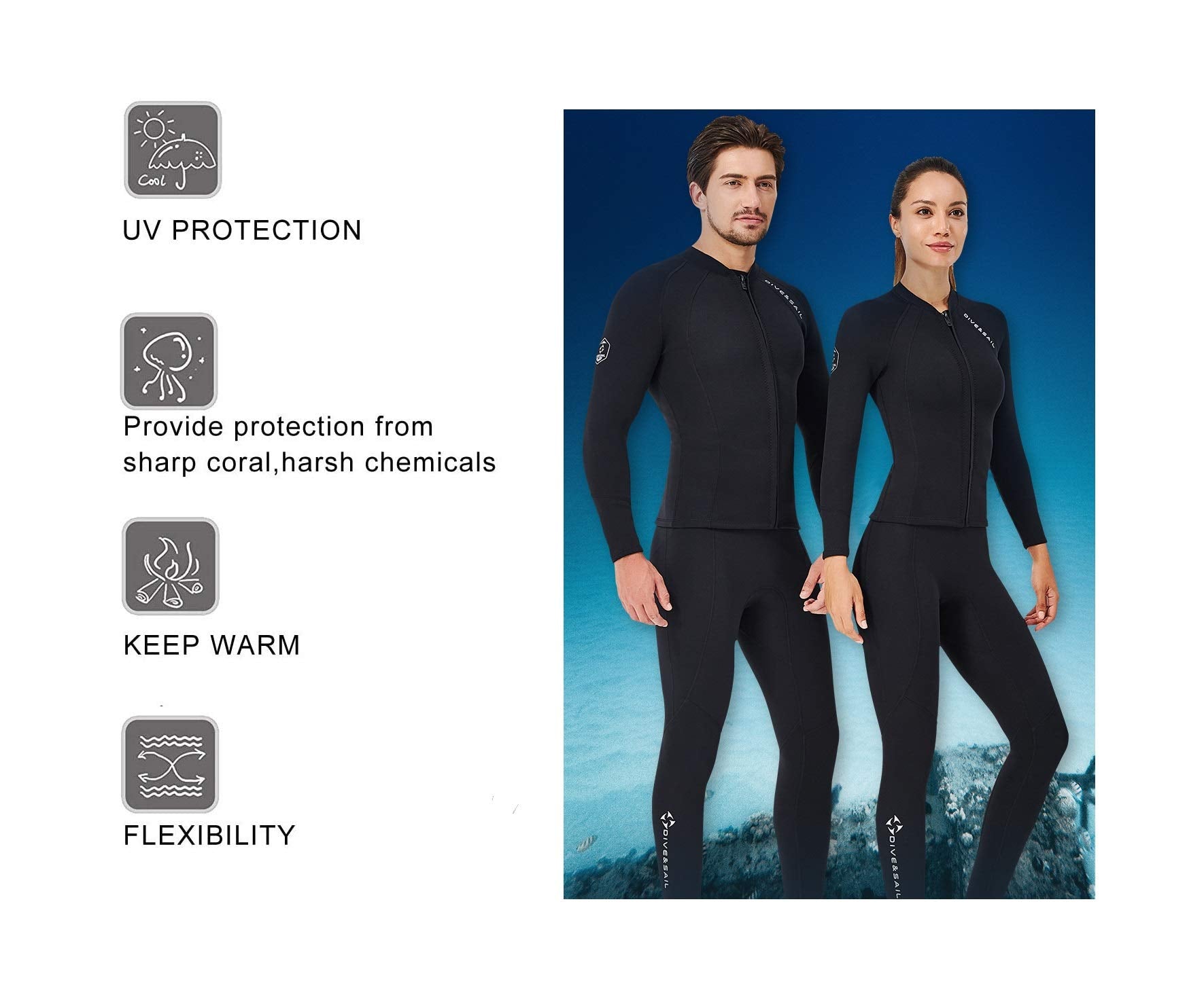 EUPTE 2mm Wetsuits Women/Men Long Sleeve Jacket UPF50+ UV Protection Diving Skin Suit Top for Scuba Diving Snorkeling Surfing Swimming (women, 2XL)