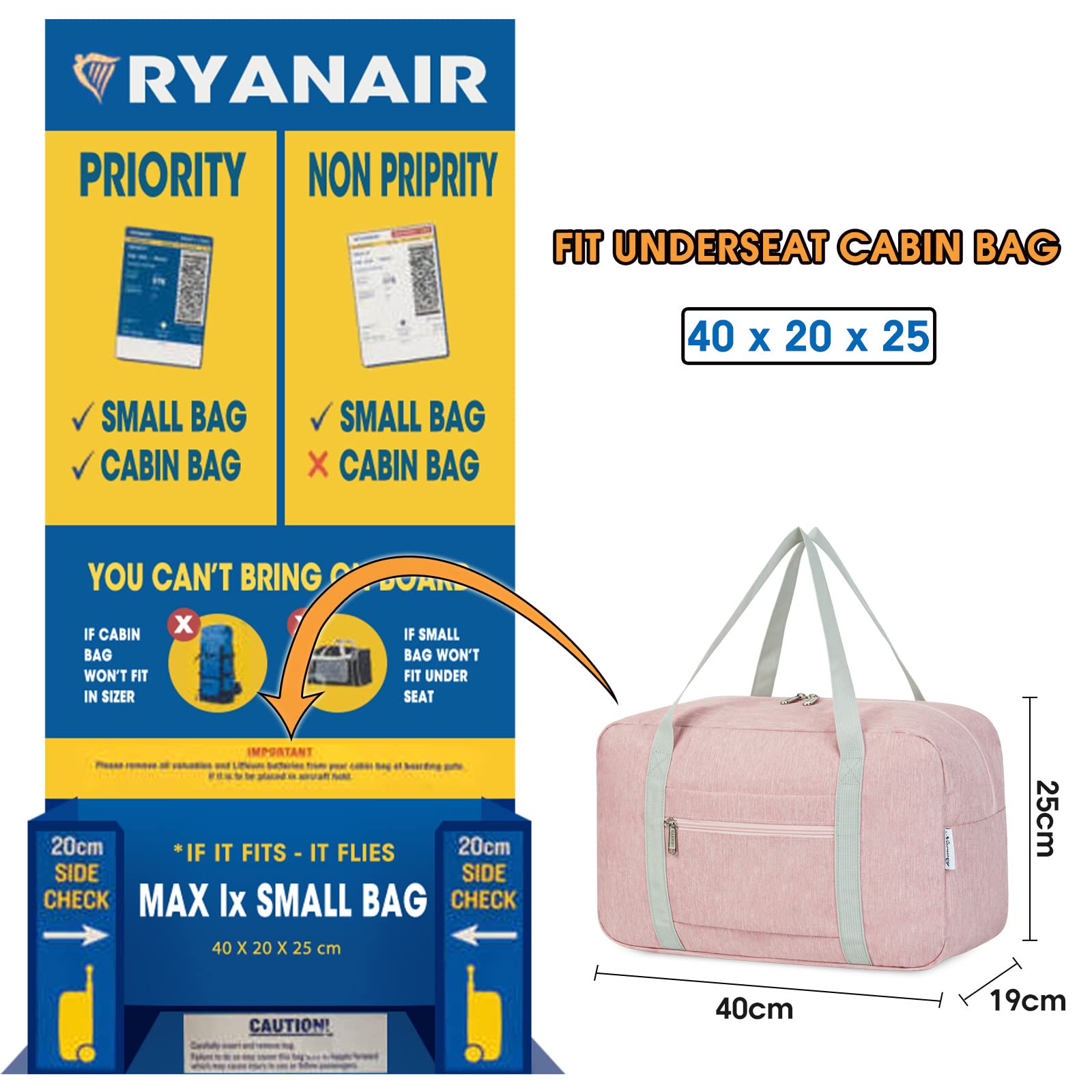 for Ryanair Airlines Cabin Bag 40x20x25 Underseat Foldable Travel Duffel Bag Holdall Tote Carry on Hand Luggage Overnight for Women and Men 20L (Black)