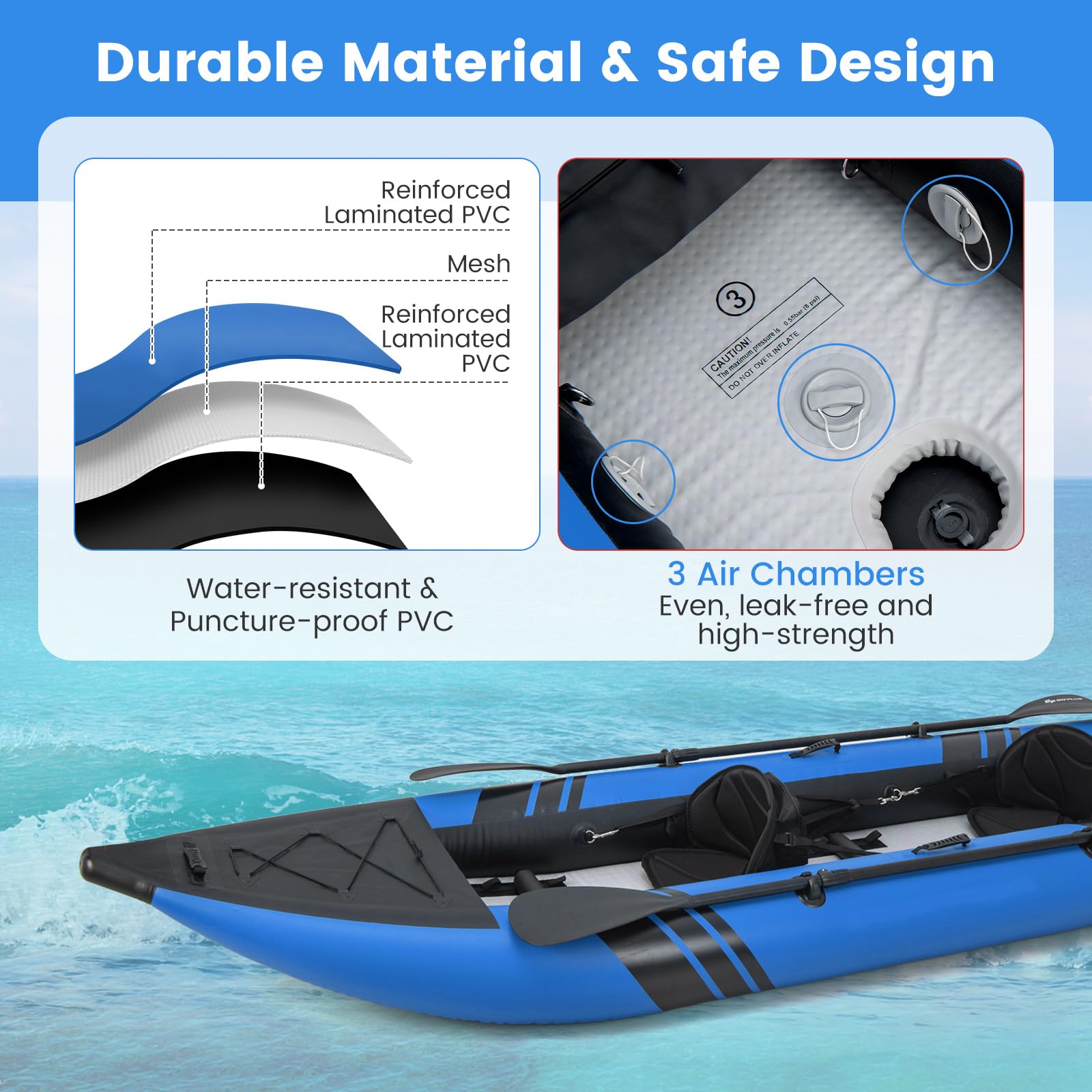 GYMAX Inflatable Kayak Set, 2-Person Inflatable Boat with Aluminum Oars, EVA Padded Seat, Fins, Hand Pump, Repair Kit and Carry Bag, Blow Up Canoe for Lakes, Rivers & Sea Shores