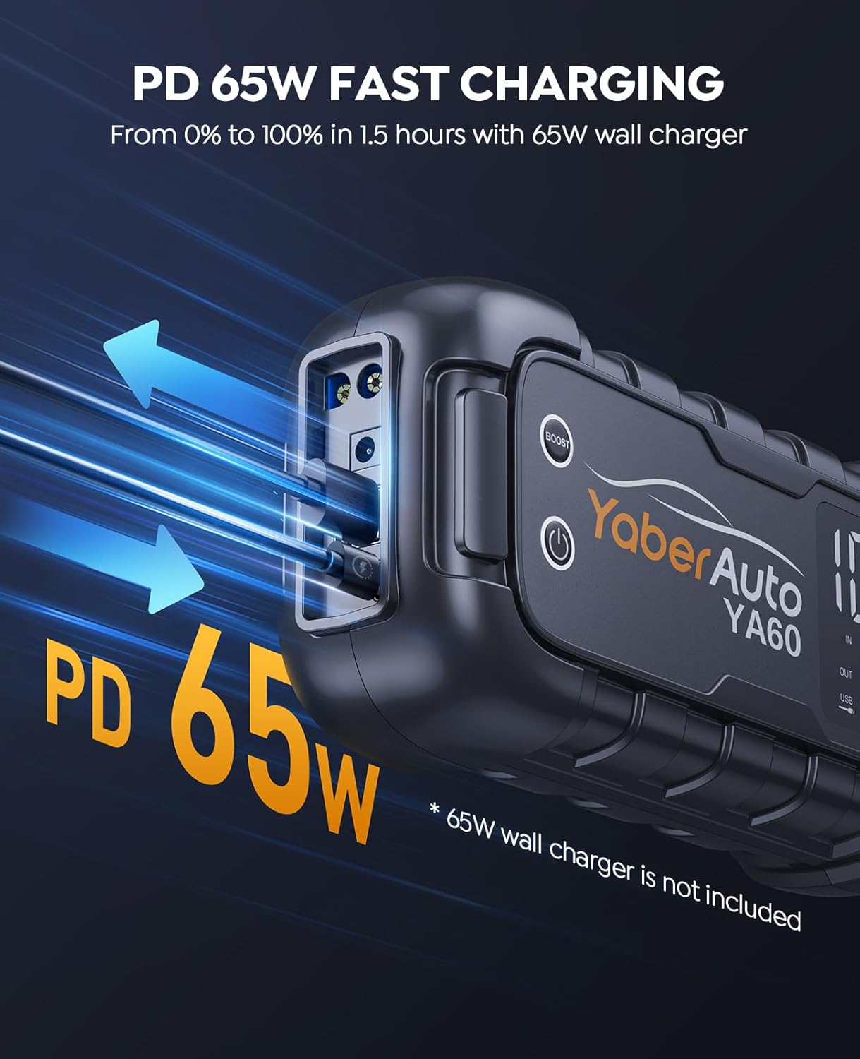 Jump Starter Power Pack 6000A 26800mAh YaberAuto Car Battery Booster, Portable Car Jump Starter Power Bank (for All Gas/12L Diesel) with Heavy-duty Jump Leads, 65W Fast Charging, 600 Lumens Light