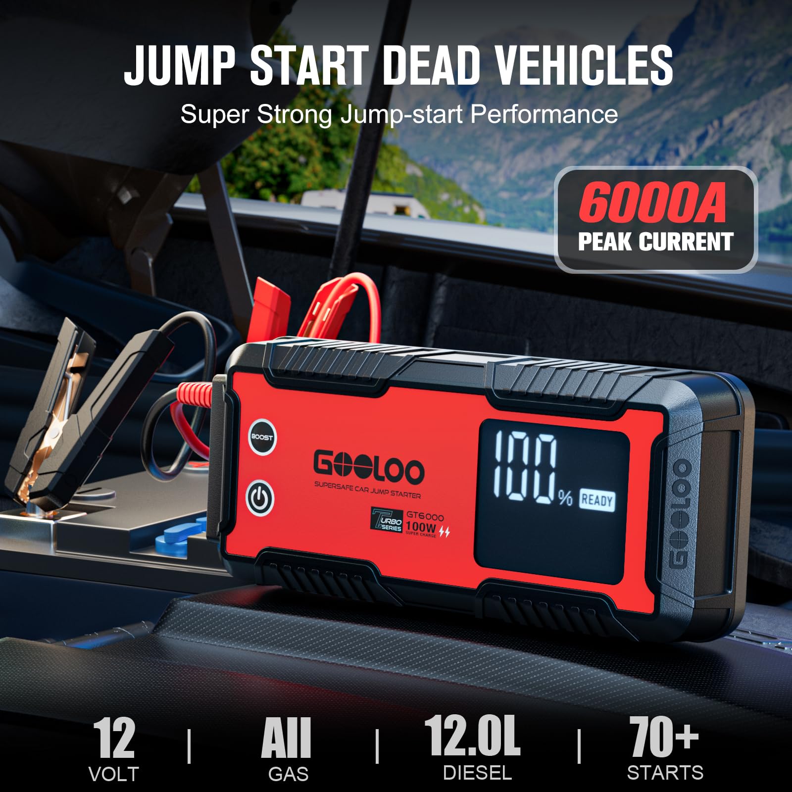 GOOLOO Portable Lithium Jump Starter GE3000 3000A Peak Car Starter for Up to 8.5L Gas or 6L Diesel Engine 12V Car Battery Booster Pack with LCD Screen, Power Bank + LED Flashlight, Type-C Port