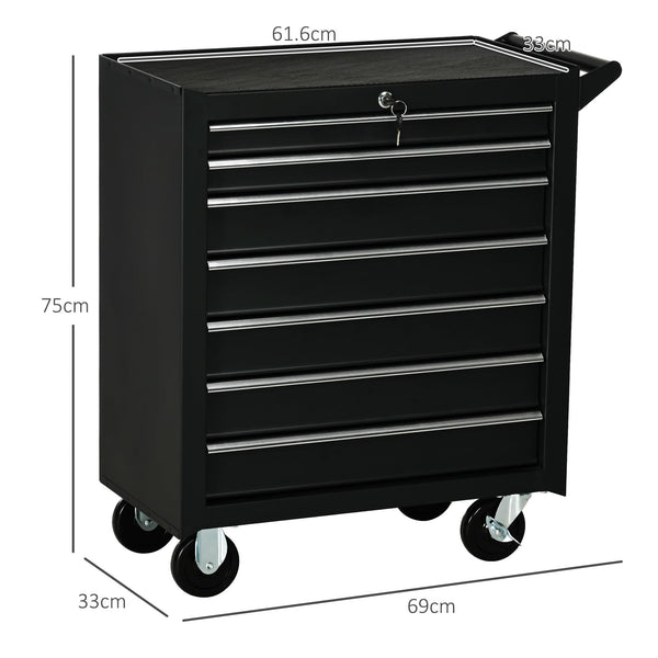 DURHAND 7-Drawer Rolling Tool Chest on Wheels, Lockable Tool Cabinet with Side Handle, Metal Tool Box Trolley for Garage, Workshop, Red
