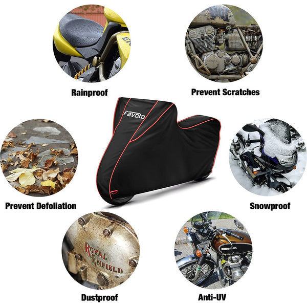 Favoto Waterproof Motorcycle Cover 300D Oxford with PU Coating, Rain Snow Dust Wind Resistant Outdoor Protection, Reflective Strips, Fits Motorbikes up to 104 inch / 265 cm, Red
