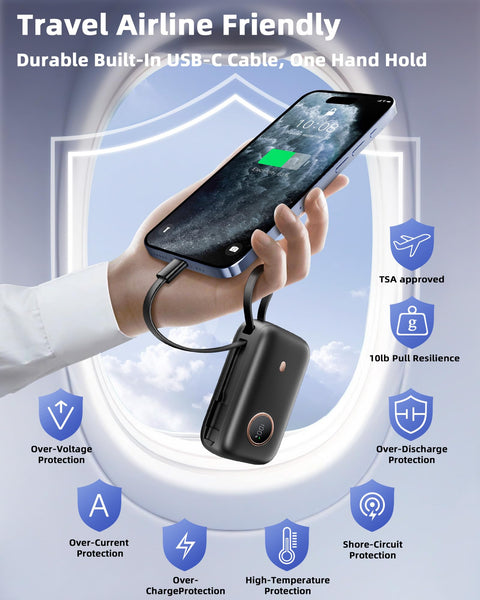 Power Bank Fast Charging 10000 mAh, 22.5W PD QC3.0 High-Speed Portable Charger, PowerBank With Built In Cable USB C, Pocket-Sized Battery Pack for iPhone 16/15, Samsung S23/S24 and More (Jet Black)