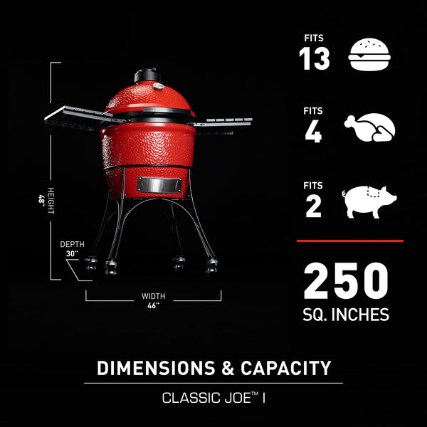 Kamado Joe KJ23RHC Classic II Smoker BBQ, Outdoor Charcoal Barbecue Grill In Red With Cast Iron Cart, Heat Deflectors And Ash Tool