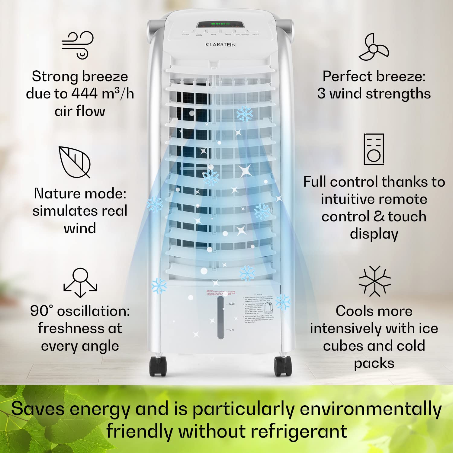 Klarstein 65W Portable Air Cooler, 4-In-1 Evaporative Air Coolers for Home, Silent with Night Mode, Humidifier, Ventilator, Small Water Cooler, 6 L Ice Fan Portable Cooler, 444m³/h Air Flow, White