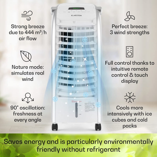 Klarstein 65W Portable Air Cooler, 4-In-1 Evaporative Air Coolers for Home, Silent with Night Mode, Humidifier, Ventilator, Small Water Cooler, 6 L Ice Fan Portable Cooler, 444m³/h Air Flow, White