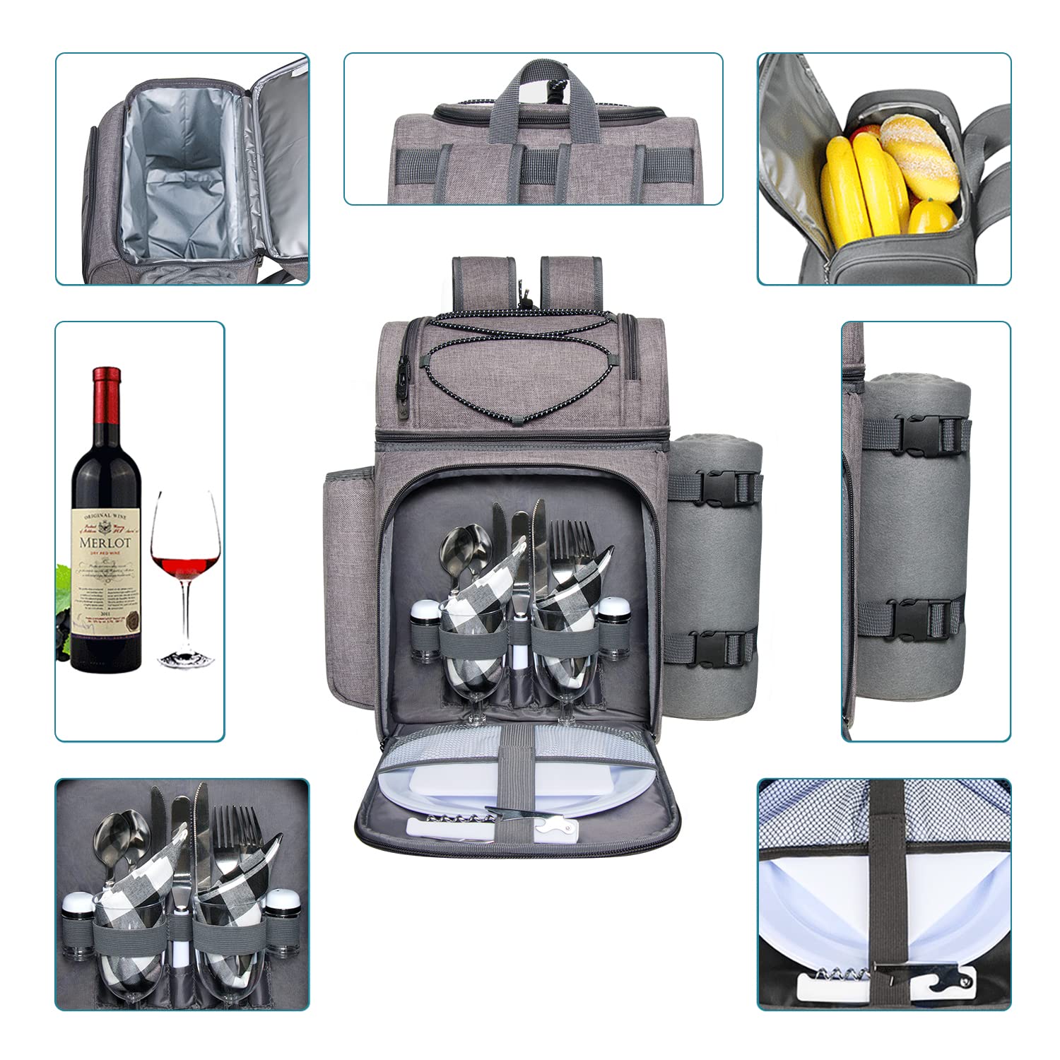 Hap Tim Picnic Basket Backpack for 2 Person with 2 Insulated Cooler Compartment, Wine Holder, Fleece Blanket, Cutlery Set,Perfect for Beach, Hiking,