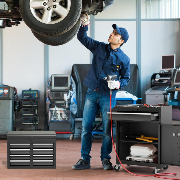 COSTWAY Large Rolling Tool Cabinet, 2-in-1 Detachable Metal Tool Chest with Drawers, Wheel, Handle, Hooks & Pegboard, Lockable Tool Box Trolley for Garage Workshop (with Middle Compartment, Black)