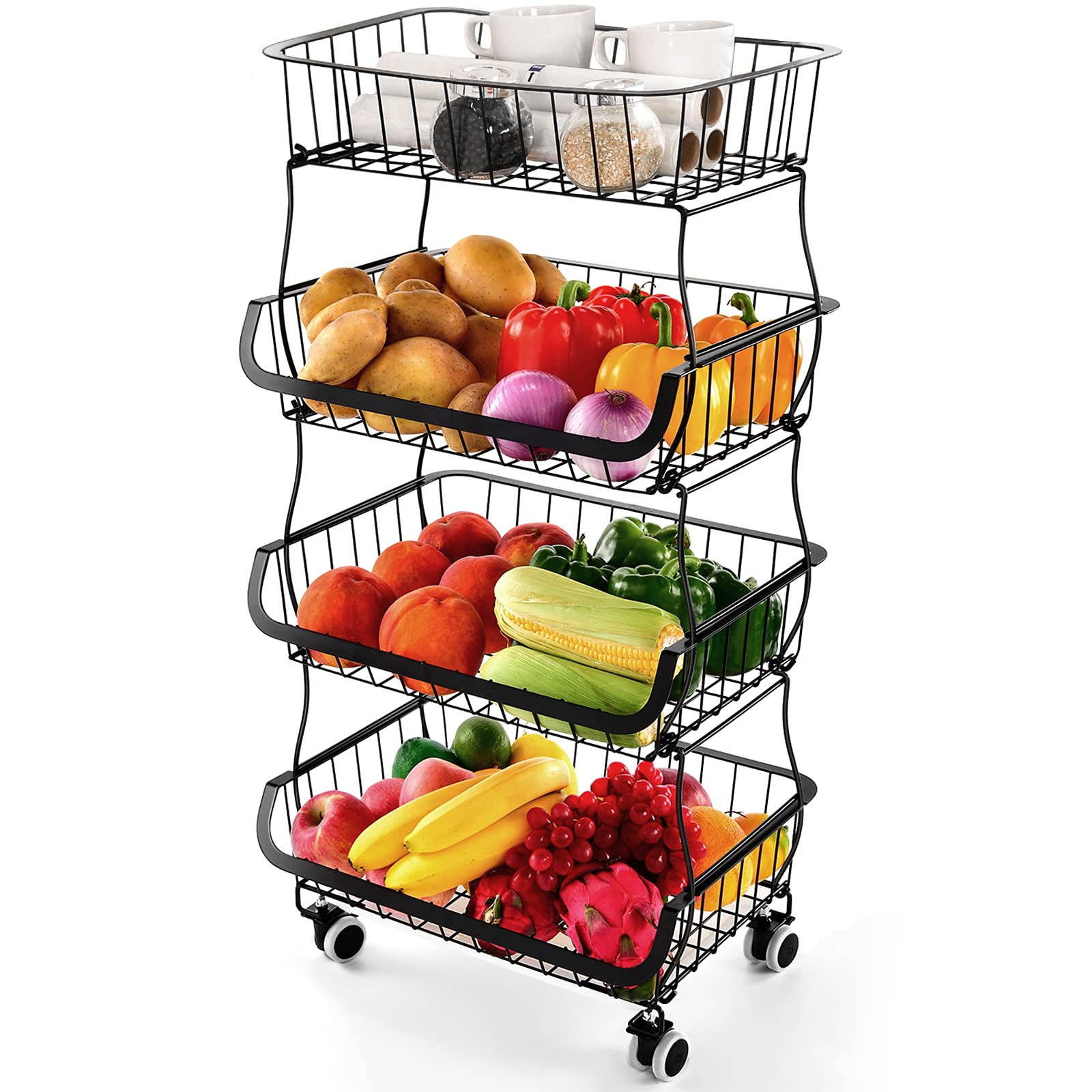 Fruit Vegetable Storage Basket Rack, 4 Tier Stackable Metal Wire Storage Baskets on Wheels, Fruit Vegetable Produce Basket Organizer Bins for Kitchen,