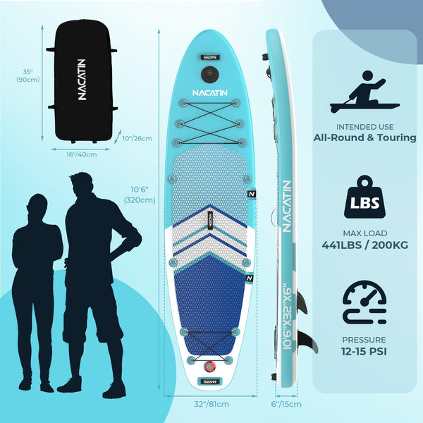 Paddle Boards for Adults, NACATIN Inflatable Stand Up Paddle Board with 10'6" SUP Paddleboard, Adjustable Paddle, Pump, Backpack, Dry Bag, Ideal for All Skill Levels (Optional Kayak Seat Available)