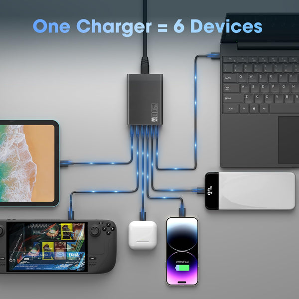 200W 6-Port USB Charging Station, PD 100W 65W 45W 20W 18W USB C GaN III Charger Laptop & Phone Fast Charger Plug, Compatible with MacBook Pro/Air,Dell XPS, iPhone 15/16/14/ Pro, iPads, Steam Deck