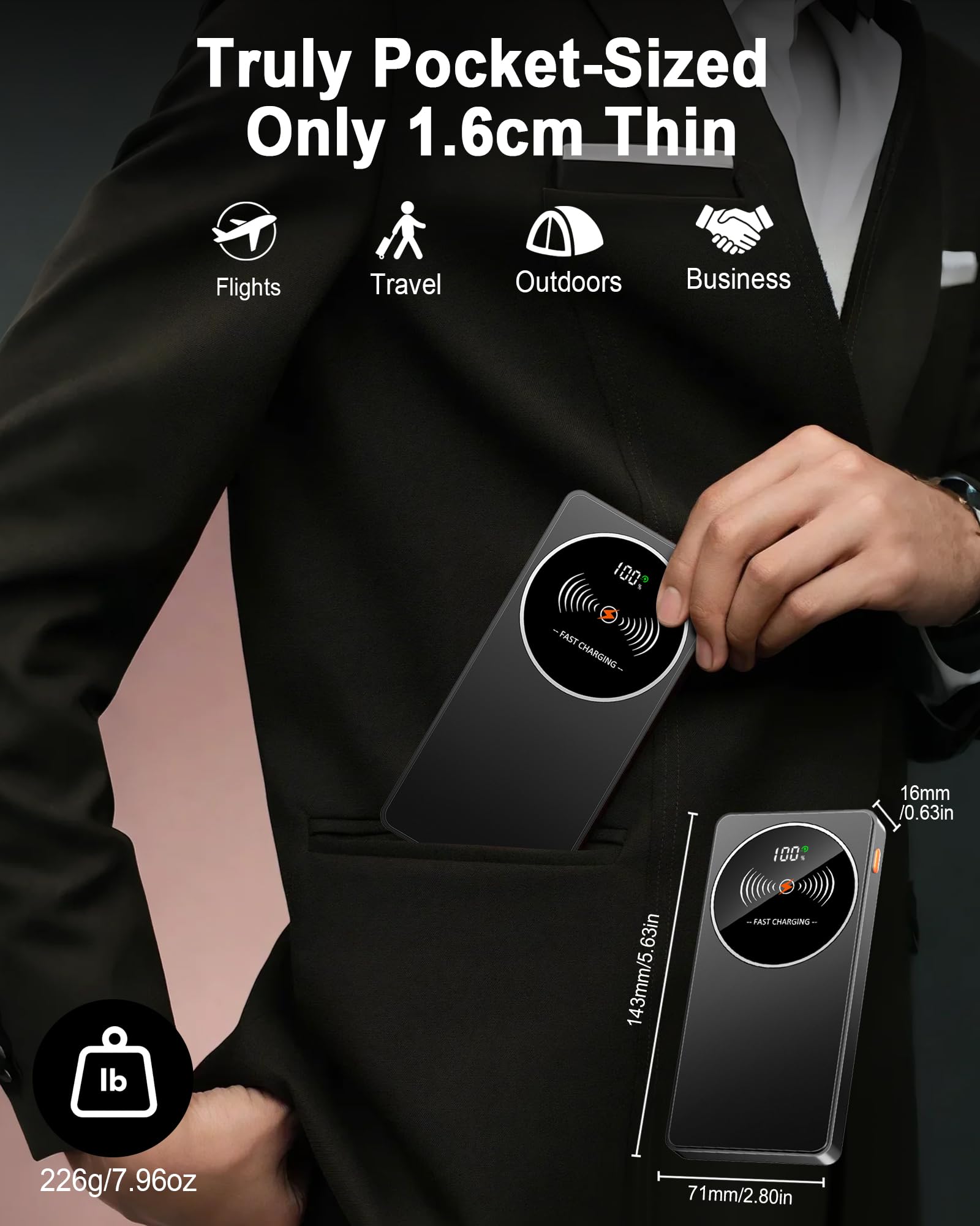 Power Bank Fast Charging 10000mAh, PD3.0 QC4.0 22.5W Portable Charger USB C Input & Output, Powerbank with LED Display, Battery Pack Compatible with iPhone16/15/14/13/12, Samsung, Android More, Black