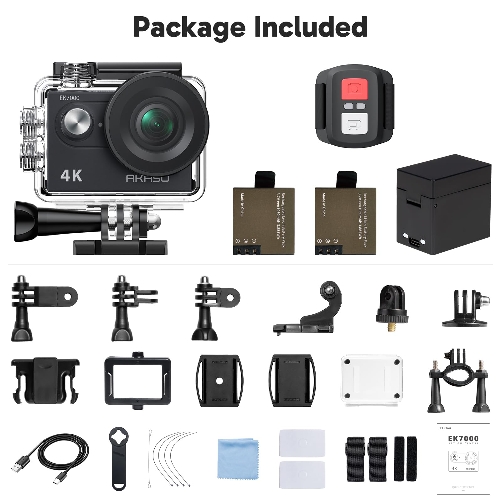 AKASO EK7000 Action Camera Floating Hand Grip Bundle - Includes 4K30FPS EK7000 Underwater Camera, Floating Hand Grip, 2 Batteries, Carrying Case, and Accessory Kits