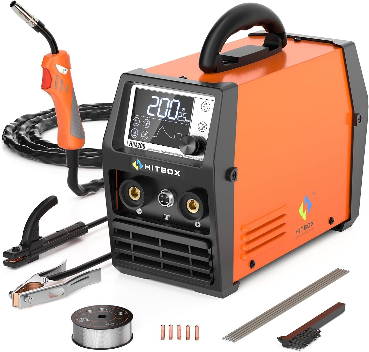 HITBOX 200A Portable MIG Welder 240V, Gasless 4-in-1 Digital Upgraded MIG/Flux Core/ARC/Lift TIG/Spool Gun Inverter Welding Machine with Ultra LED Display (HIM200)