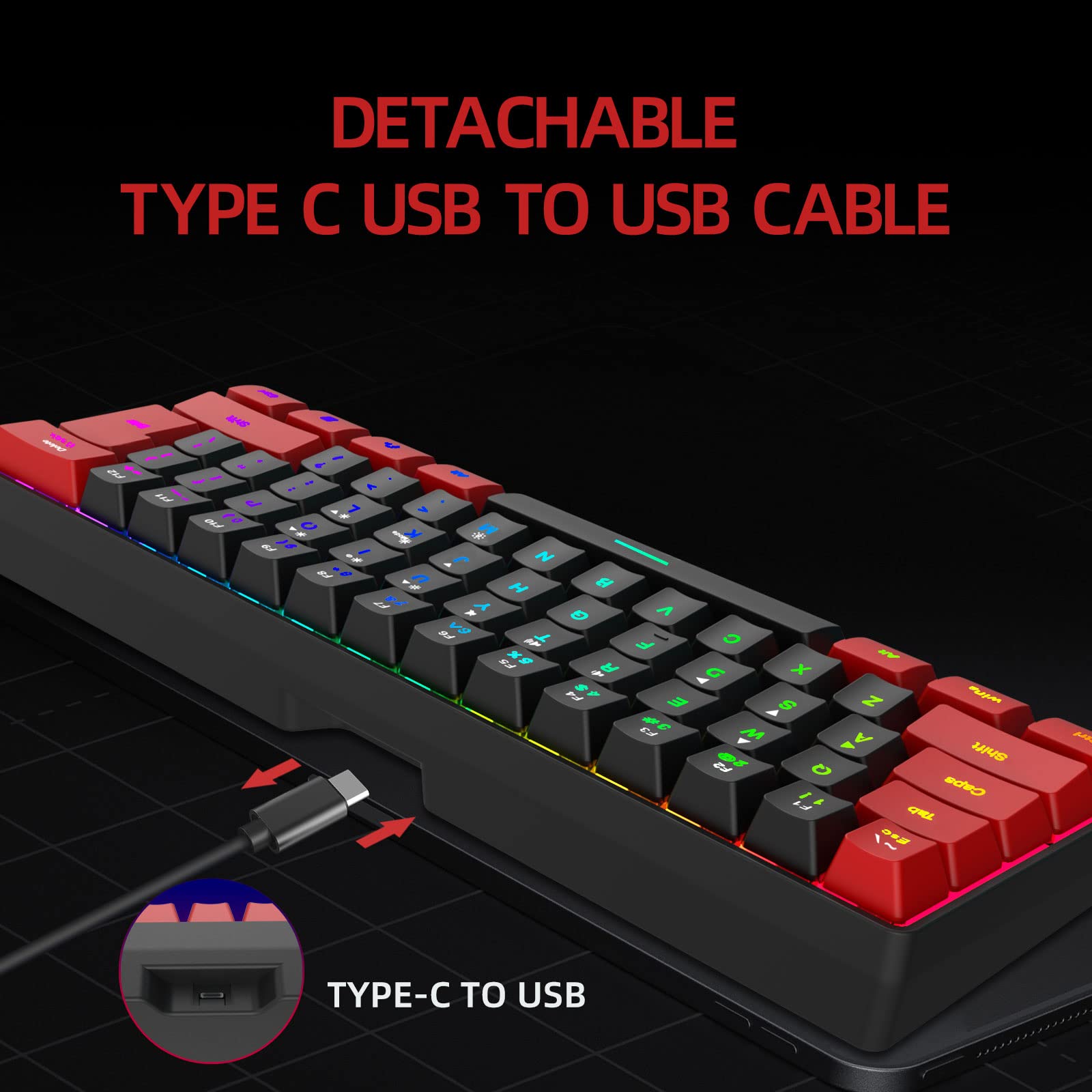 Snpurdiri 60% Wired Mechanical Gaming Keyboard, Mini 61-Key With Red Switches for PC, Windows XP, Win 7, Win 10 (Black-Red)