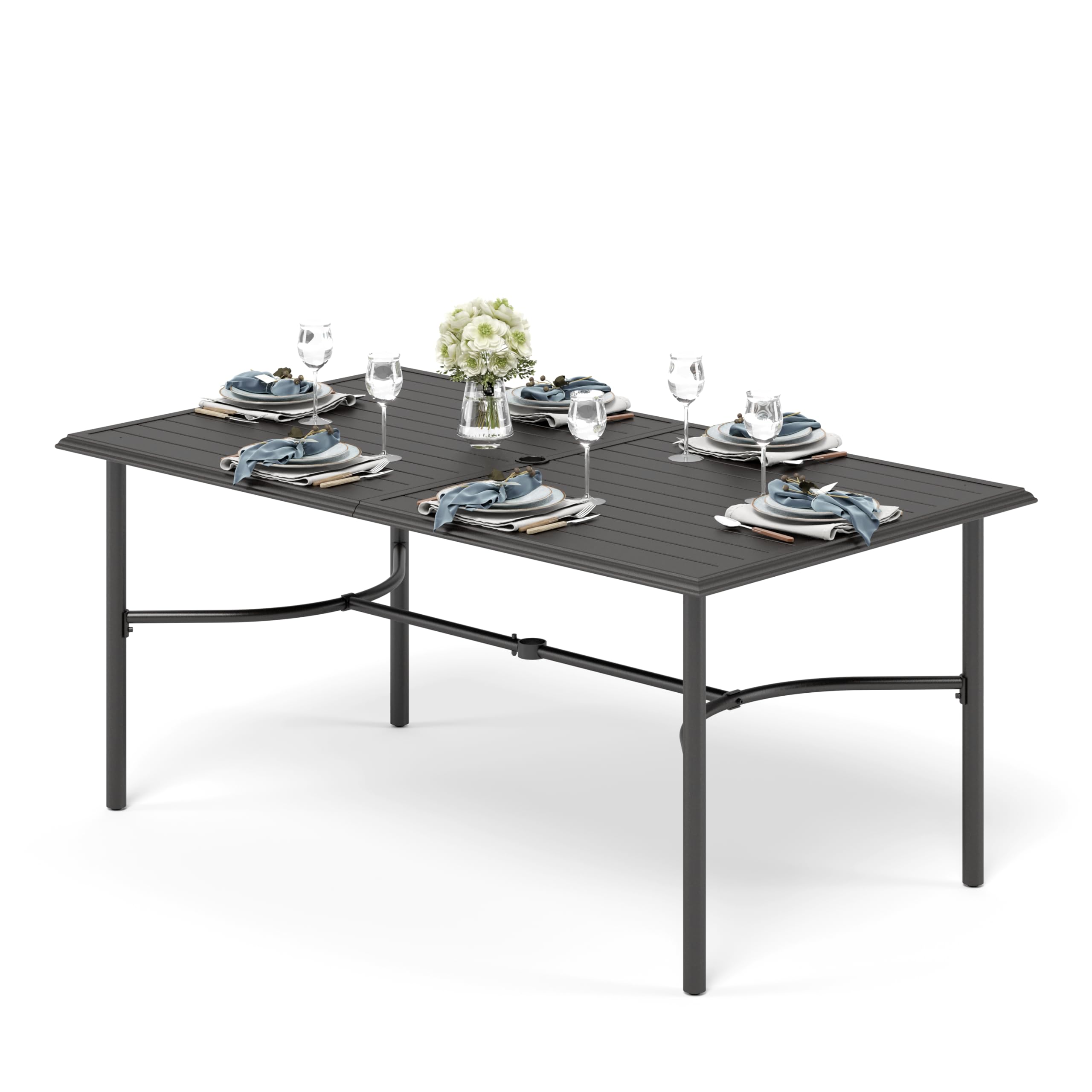 PHIVILLA Garden Table for 6 Person 150 * 90cm Patio Outdoor Table Rust Proof Steel Frame with 4 cm Parasol Hole Outdoor Furniture Garden Dining Table Maintenance Free Black