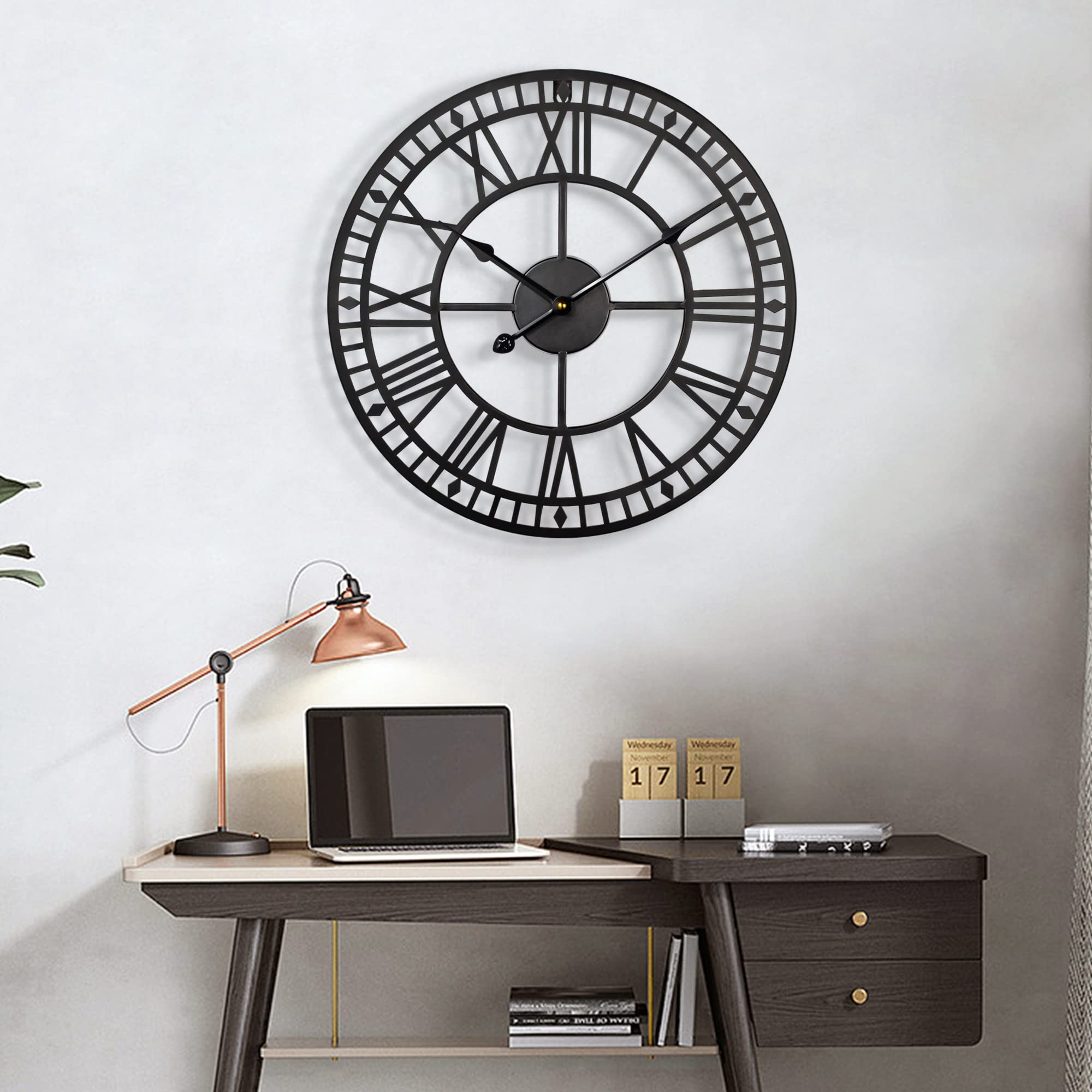 HAITANG Large Metal Iron Retro Wall Clock Silent Non-Ticking Battery Operated Vintage Metal Roman Numerals Round Modern Clocks For Living Room Decor