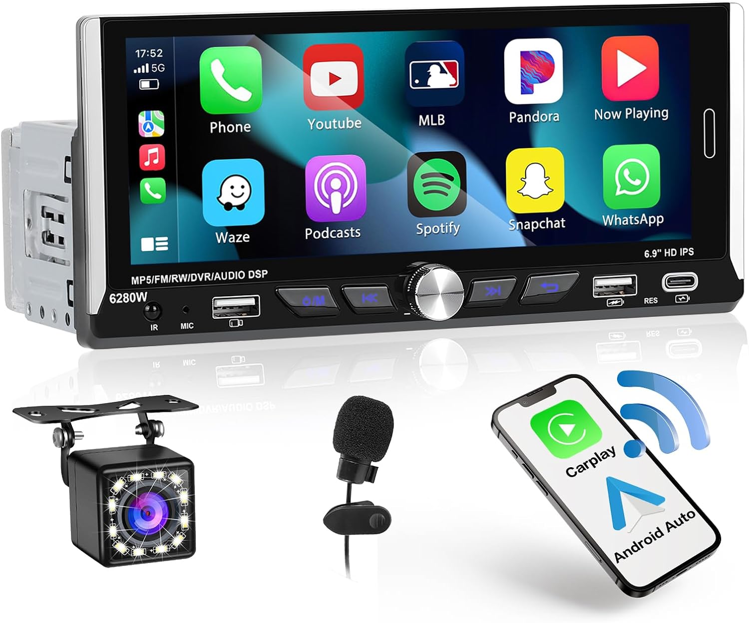 Hikity Single DIN 1DIN Car Stereo Wireless CarPlay & Android Auto 6.9 Inch Touchscreen Car Radio with Bluetooth 5.1 FM Dual USB Ports Type-C + Backup Camera + Remote Control + MIC