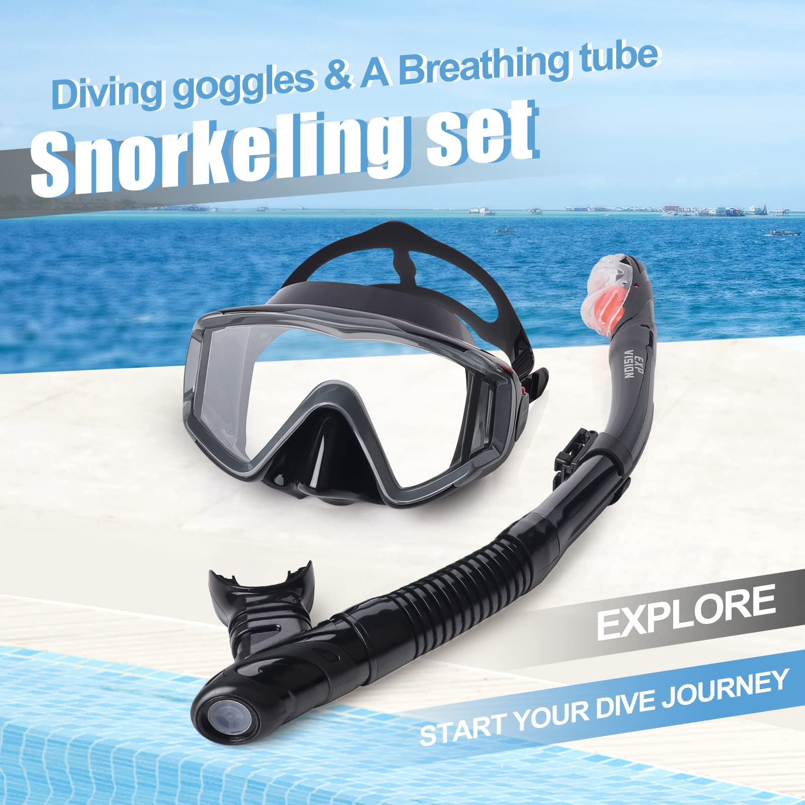Dry Snorkel Set, Pano 3 Window Snorkel Mask, Anti-Fog Scuba Diving Goggles and Snorkel, Professional Adult Snorkeling Swim Mask Gear (Dark Gray Set)