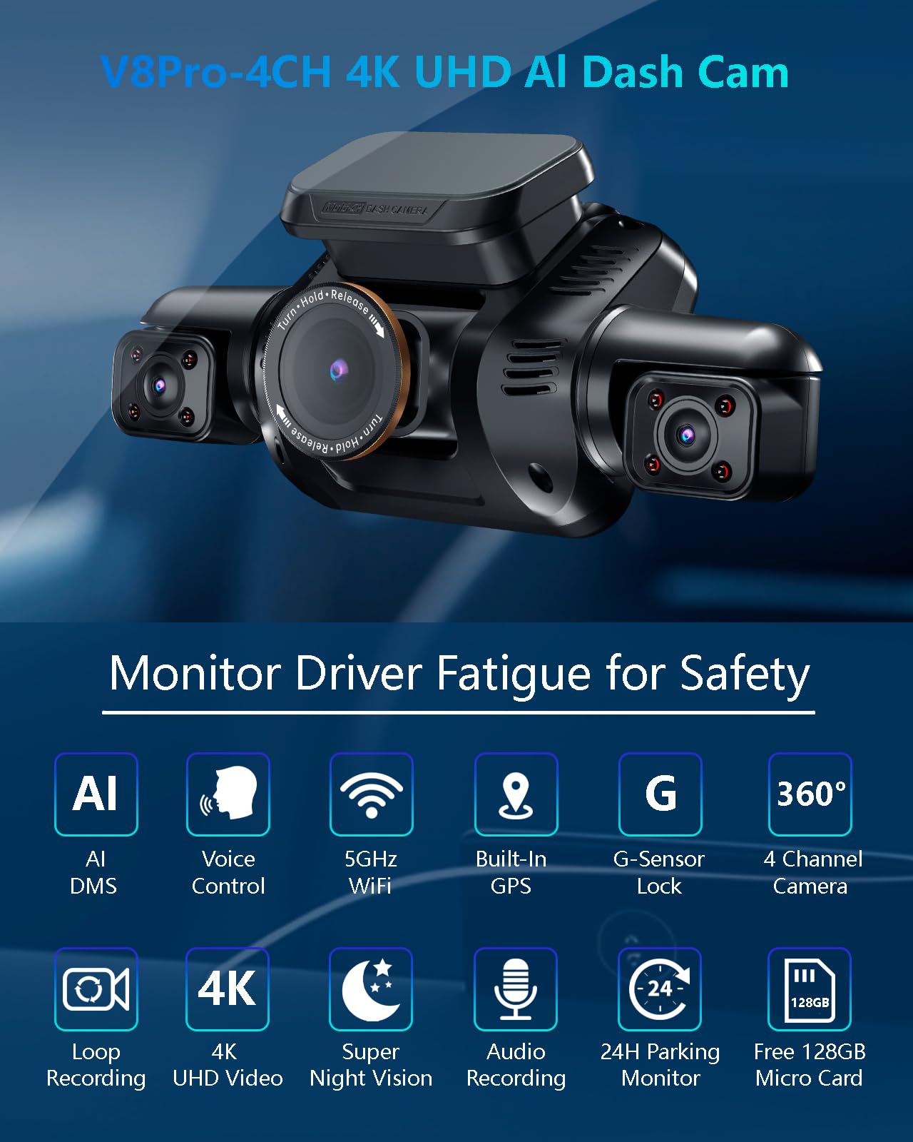 AI Dash Cam Front Rear Inside with Driver Monitor System, 360° Car Camera 4K, 4 Channel Camera for Cars Built-in WiFi GPS, Dashcam with 128GB SD Card, Night Vision, 24H Parking Mode, Upgrade DMS V8Pro