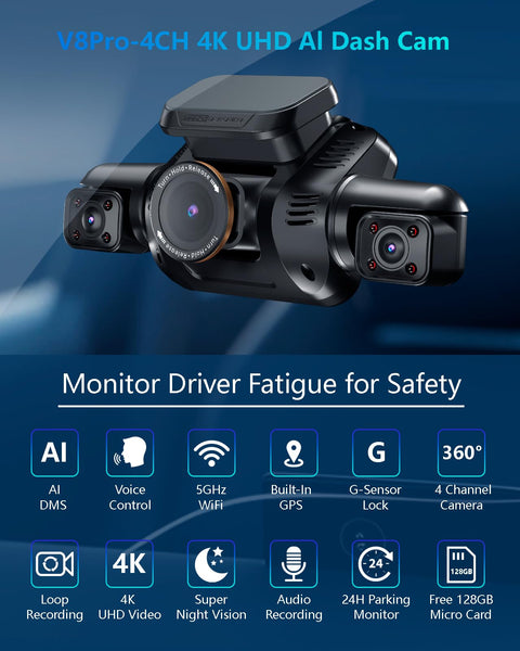AI Dash Cam Front Rear Inside with Driver Monitor System, 360° Car Camera 4K, 4 Channel Camera for Cars Built-in WiFi GPS, Dashcam with 128GB SD Card, Night Vision, 24H Parking Mode, Upgrade DMS V8Pro