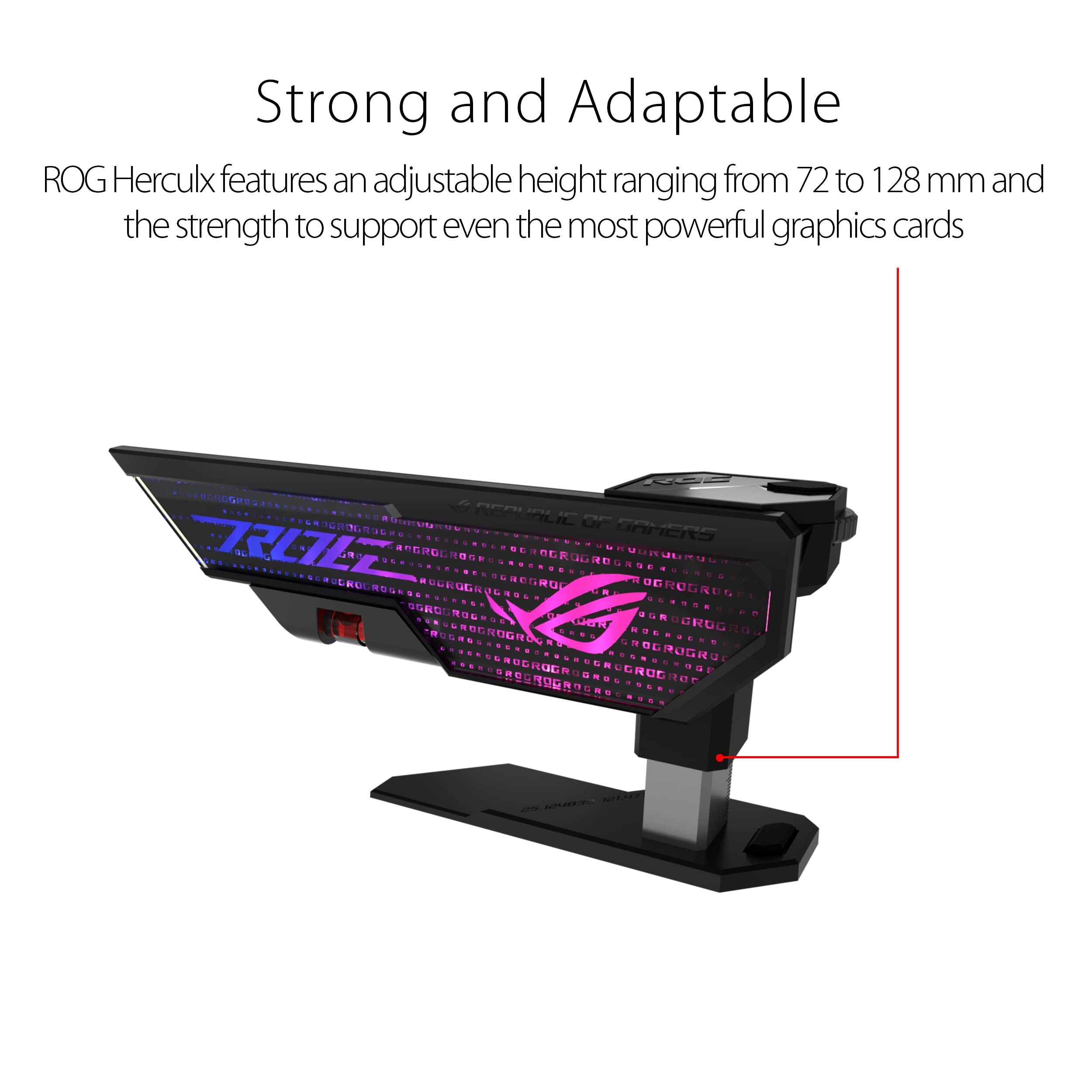 ROG Herculx Graphics Card Holder - Tool-free adjustable GPU support bracket, Spirit level, Solid zinc alloy, 72-128mm, Extensive compatibility, Aura Sync