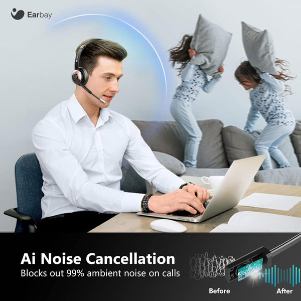 Earbay Wireless Headset, Bluetooth Headphones with Microphone Noise Canceling & USB Dongle, Office Headset with Charge Dock for Mobile Phone Computer Tablet Work Skype Zoom Conference Call Center