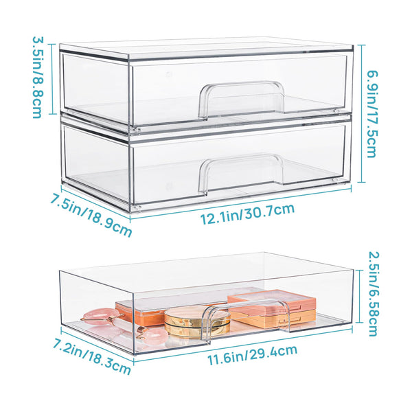 Vtopmart 4 pack Clear Stackable Storage Drawer, 4.4 Inch Tall Acrylic Bathroom Makeup Organiser, Plastic Storage box for Vanity, Under Sink, Kitchen Cupboard, Pantry, Home Organization