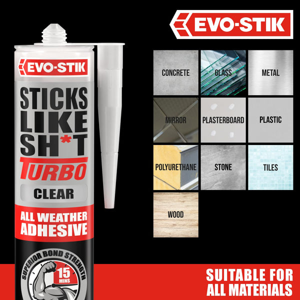 EVO-STIK Sticks Like Sh*t Turbo Adhesive, All Weather, Fast Setting, Extreme Temperature & Movement Resistant, White, 290ml