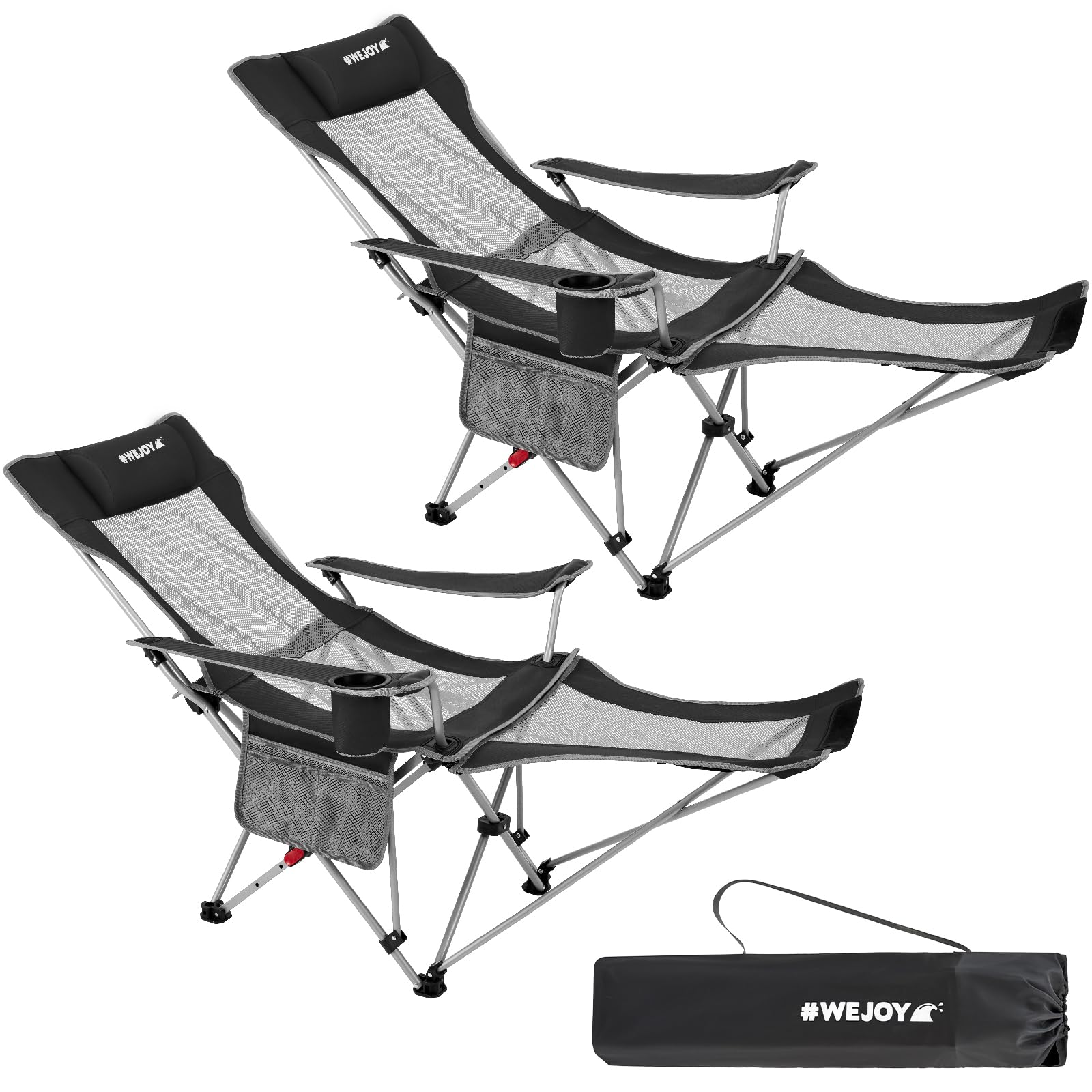 #WEJOY Camping Chairs Folding Recliner Chair Adjustable with Detachable Footrest Headrest Cup Holder Lightweight Portable Reclining Camp Chair Fold Up Chair for Outdoor Beach Garden, Cyan Set of 2