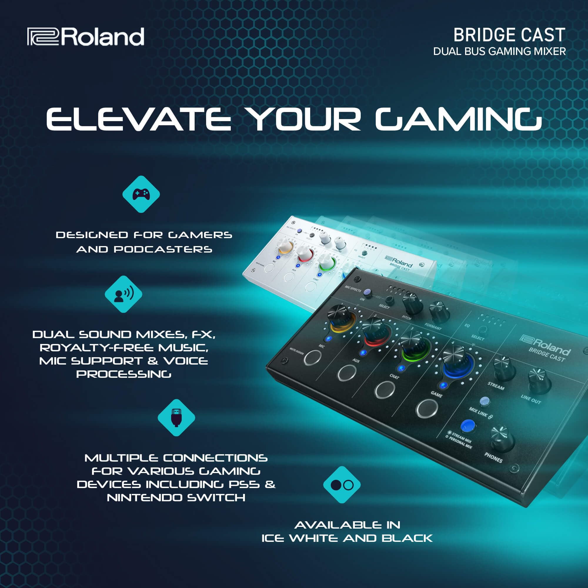 Roland BRIDGE CAST ONE Dual Bus Streaming Mixer Compact Audio Streaming Mixer For Online Gamers & Content Creators 32-Bit Hardware DSP USB-C Windows and Mac Connectivity XLR Mic Support