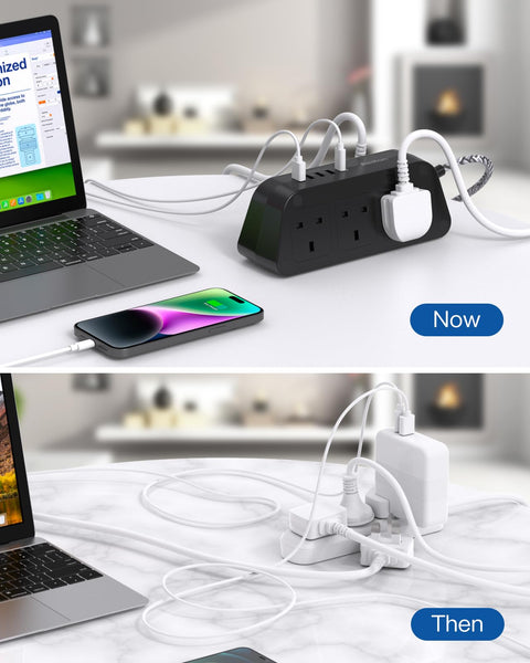 Black Extension Lead with USB Slots，6 Way Outlets 5 USB(5A, 1 USB- C and 4 USB-A Port) with 1.6M Braided Extension cord, 3250W Overload Protection，Security Surge Protection Plug Extension Socket