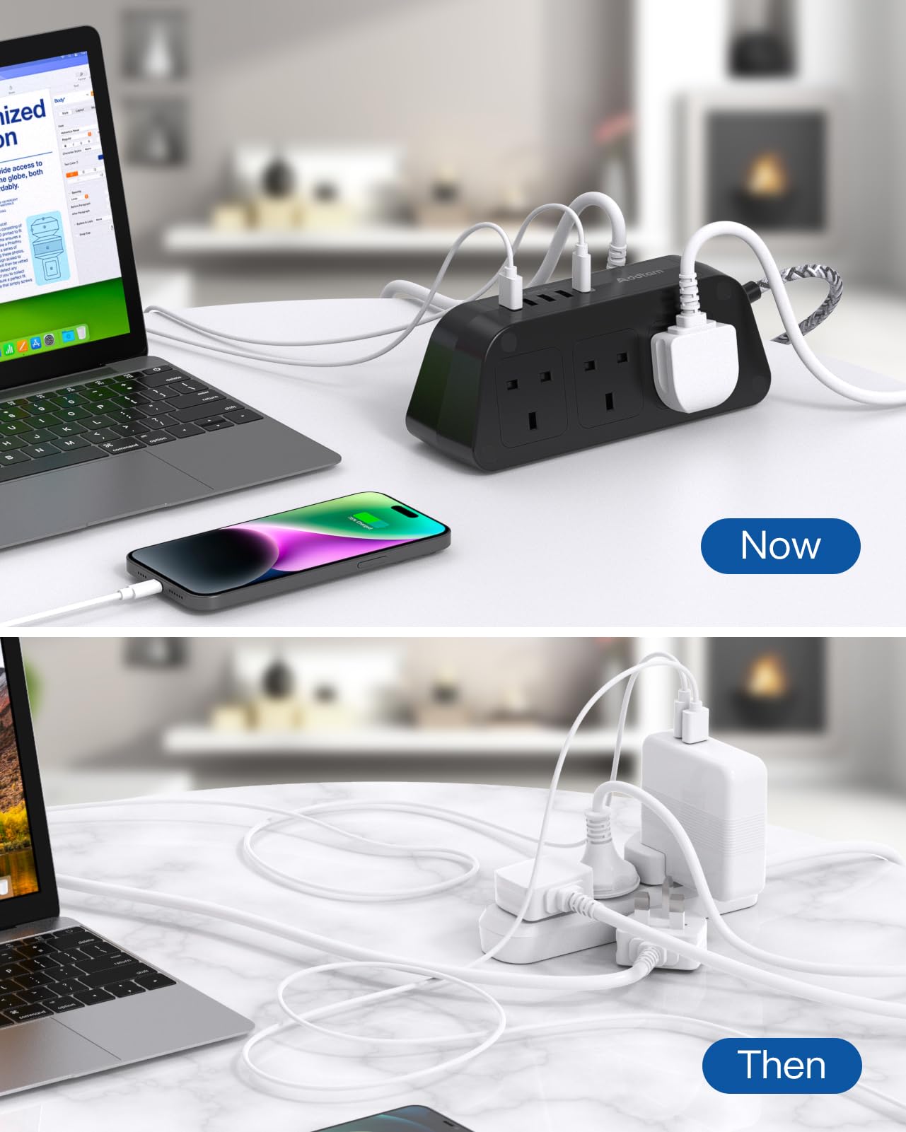 Black Extension Lead with USB Slots，6 Way Outlets 5 USB(5A, 1 USB- C and 4 USB-A Port) with 1.6M Braided Extension cord, 3250W Overload Protection，Security Surge Protection Plug Extension Socket